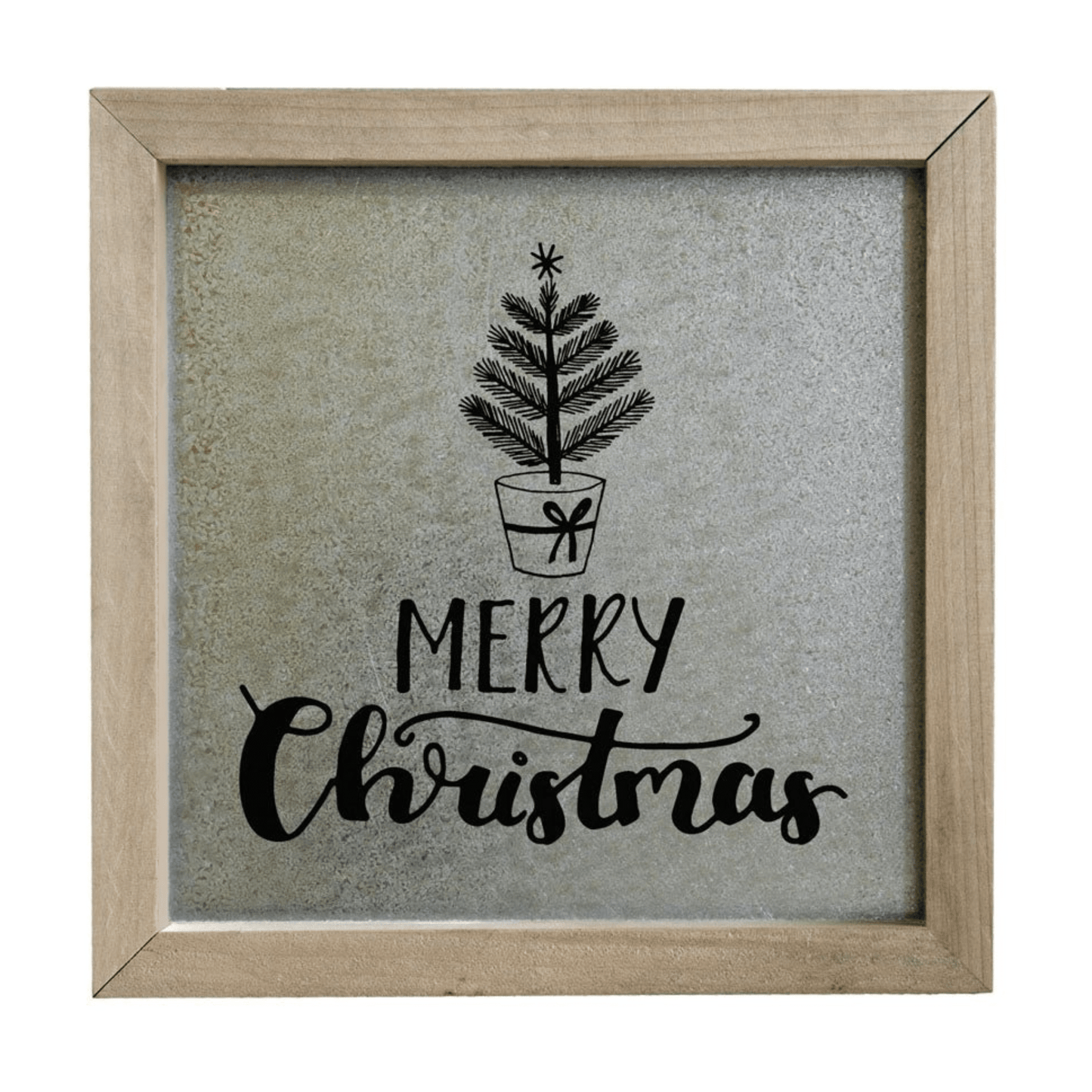 Merry Christmas Rustic Framed Galvanized Wall Art – 10" x 10" Holiday Décor - Tree Treasures