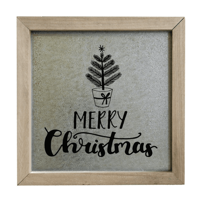 Merry Christmas Rustic Framed Galvanized Wall Art – 10" x 10" Holiday Décor - Tree Treasures