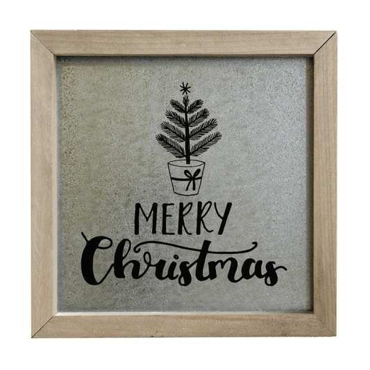 Merry Christmas Rustic Framed Galvanized Wall Art – 10" x 10" Holiday Décor - Tree Treasures