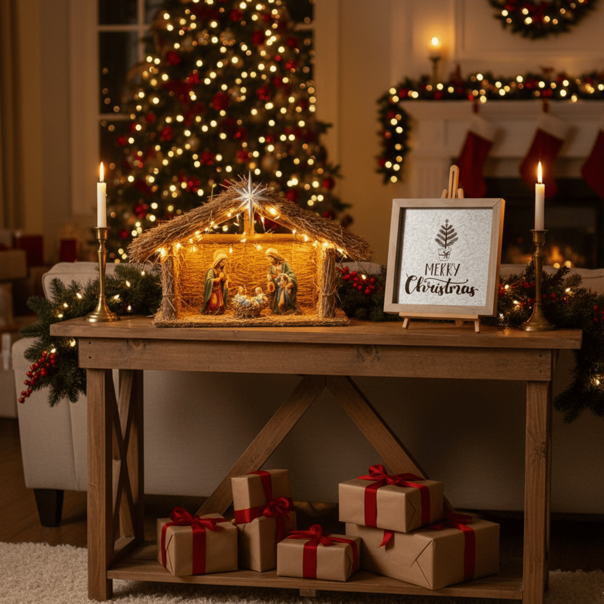 Merry Christmas Rustic Framed Galvanized Wall Art – 10" x 10" Holiday Décor - Tree Treasures