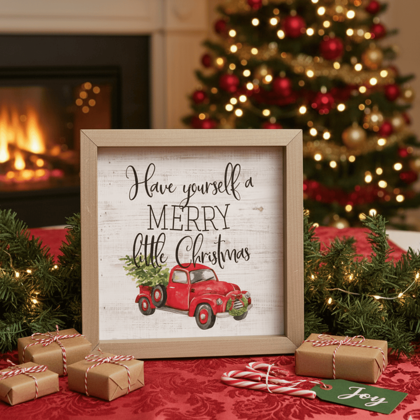 Merry Little Christmas Rustic Wooden Wall Art – 10"x10" Farmhouse Tabletop or Wall Décor - Tree Treasures