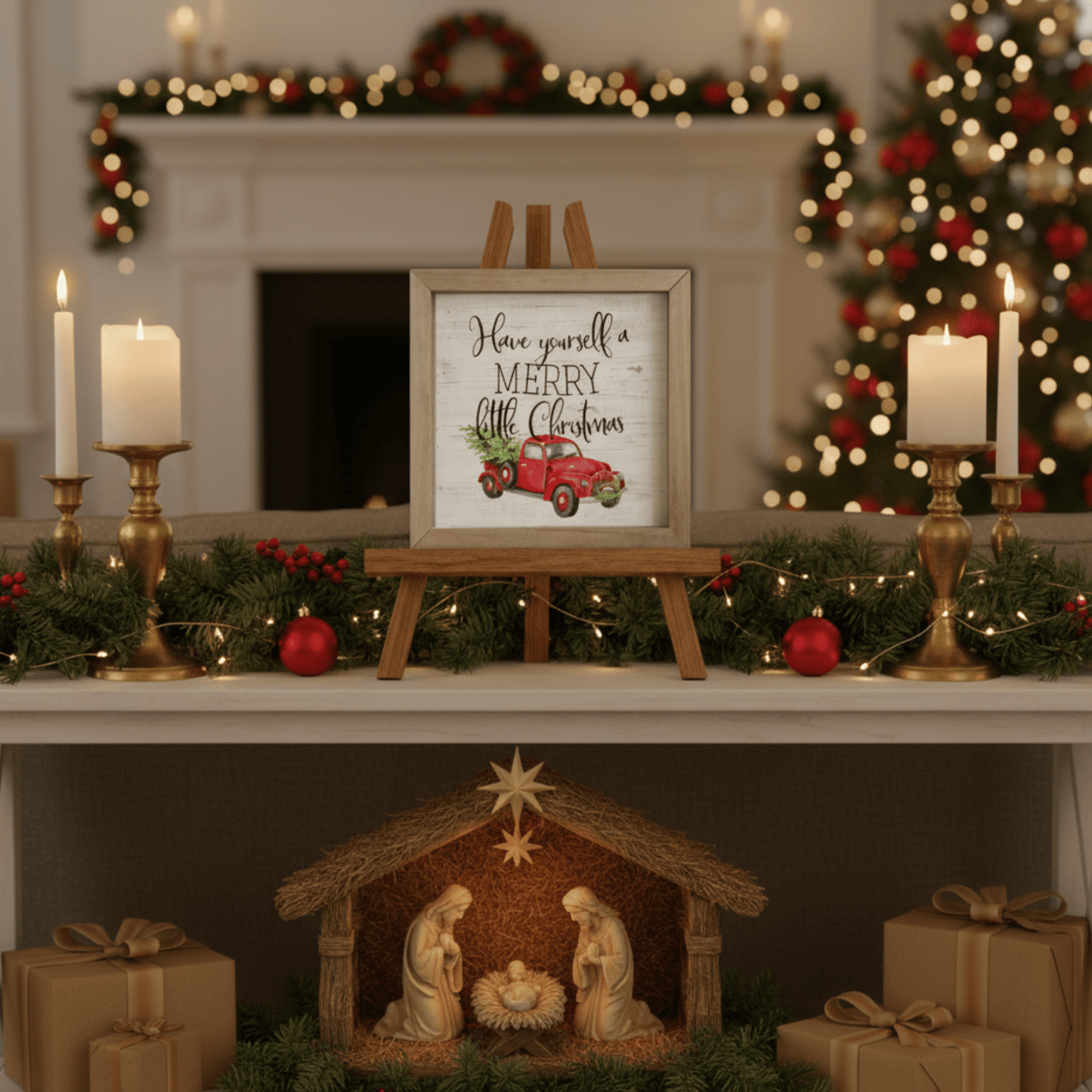 Merry Little Christmas Rustic Wooden Wall Art – 10"x10" Farmhouse Tabletop or Wall Décor - Tree Treasures