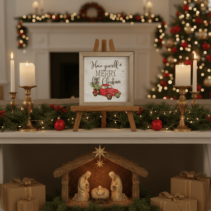 Merry Little Christmas Rustic Wooden Wall Art – 10"x10" Farmhouse Tabletop or Wall Décor - Tree Treasures