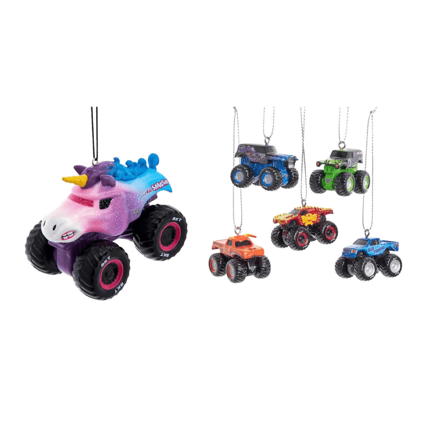Monster Jam Holiday Ornament Bundle – 6 Piece Set Featuring Sparkle Smash, Grave Digger & More by Kurt Adler - Tree Treasures