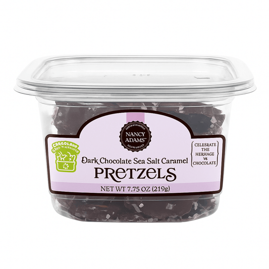 Nancy Adams Dark Chocolate Sea Salt Caramel Pretzels 7.75 OZ Tub - Tree Treasures