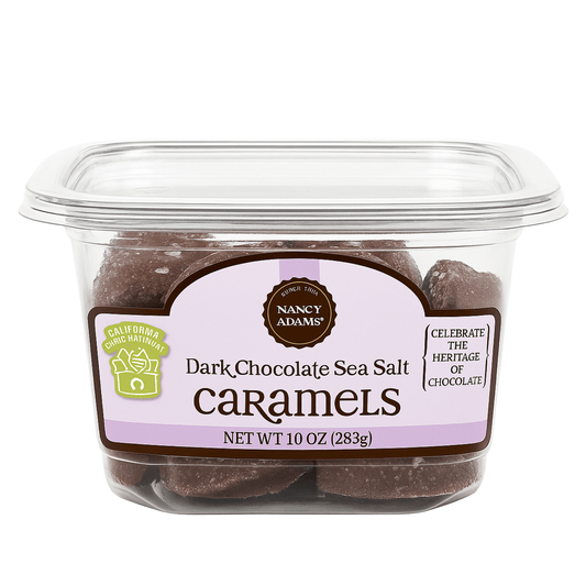 Nancy Adams Dark Chocolate Sea Salt Caramels 10 OZ Tub - Tree Treasures