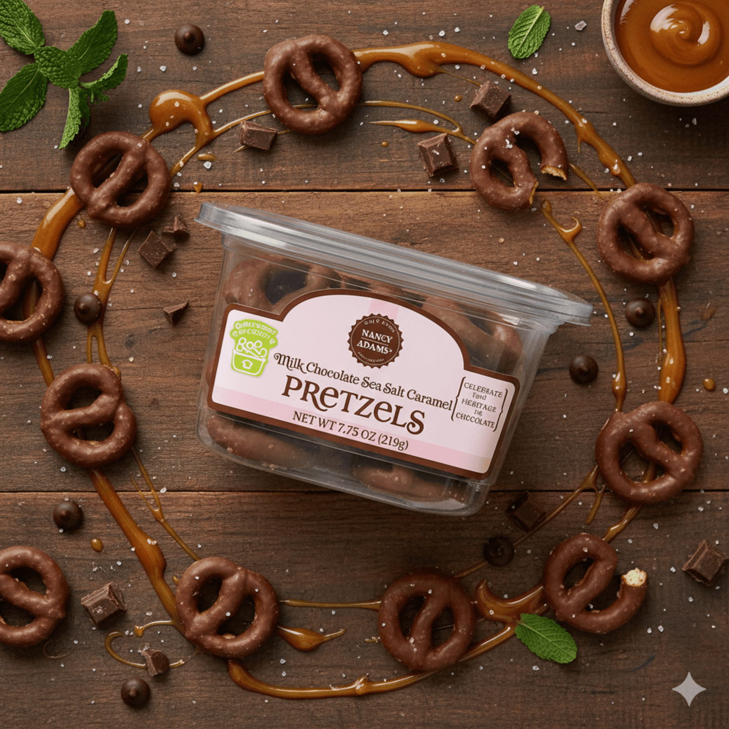 Nancy Adams Milk Chocolate Caramel Pretzels 7.75 OZ Tub - Tree Treasures
