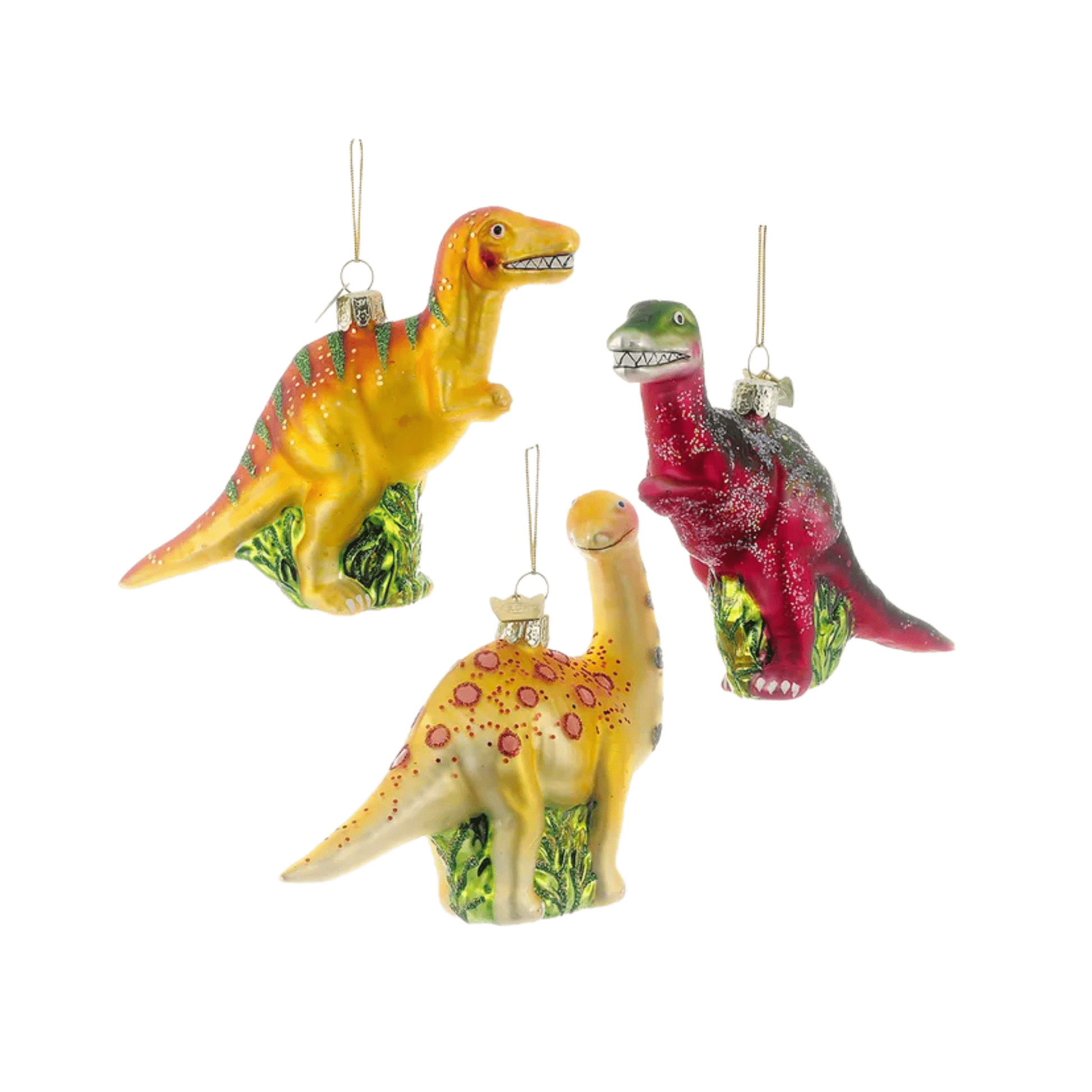 Noble Gems™ Dinosaur Glass Ornaments – Set of 3 Assorted Prehistoric Holiday Decorations - Tree Treasures