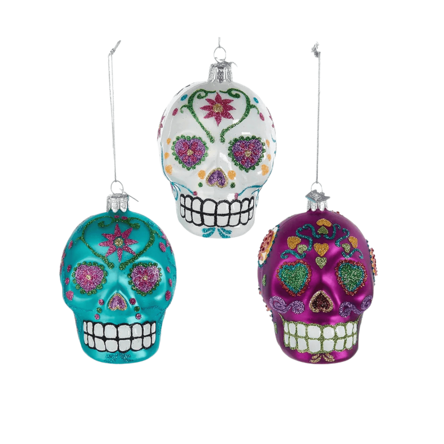 Noble Gems™ Sugar Skull Glass Ornaments, 3 Assorted – Kurt Adler Holiday & Dia De Los Muertos Decor - Tree Treasures