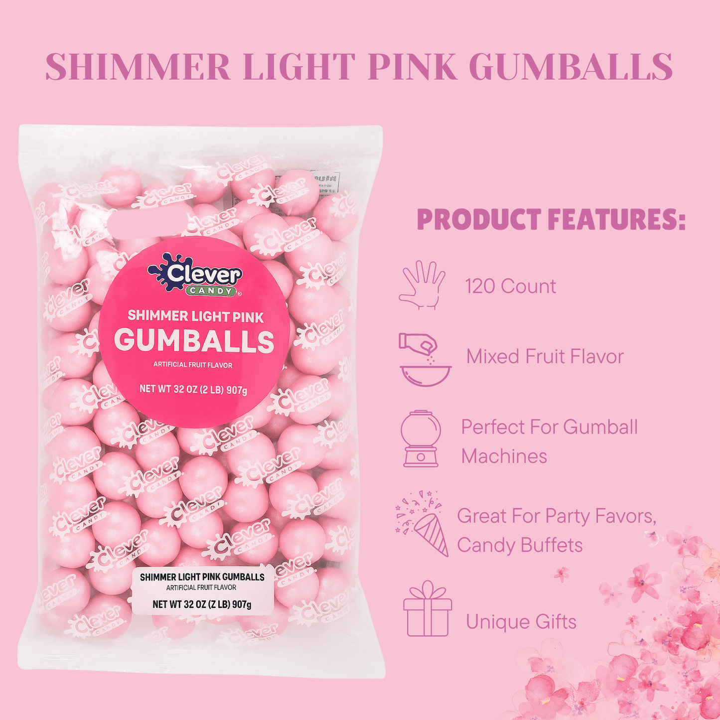 Pink Shimmer Gumballs 1 Inch – Bulk 120 Count – Mixed Fruit Flavor Bubble Gum Balls for Gumball Machine & Classy Party Buffets - Tree Treasures