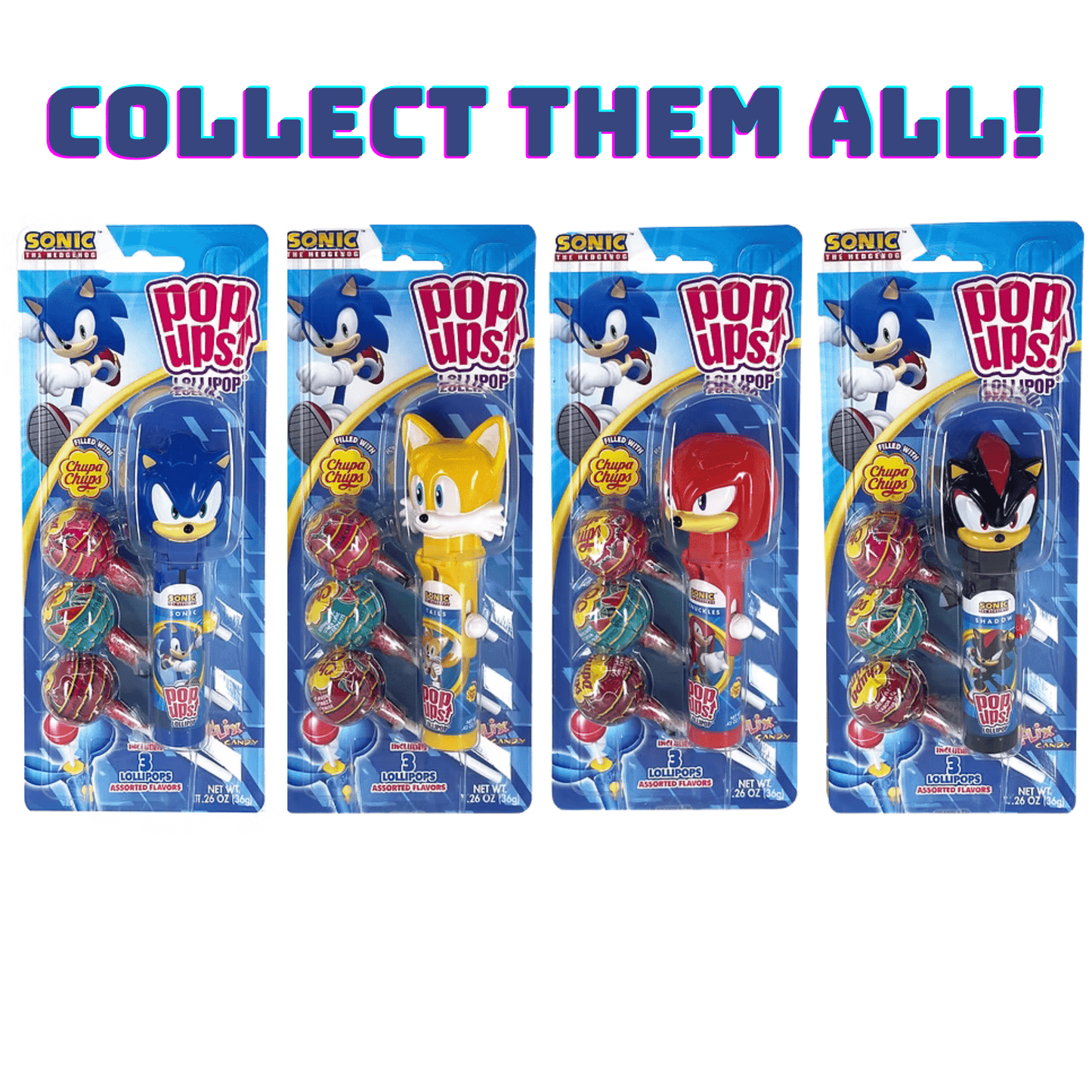 POP UPS! Sonic the Hedgehog Lollipop Holder 1.26 oz – Includes 3 Chupa Chups Refill - Tree Treasures