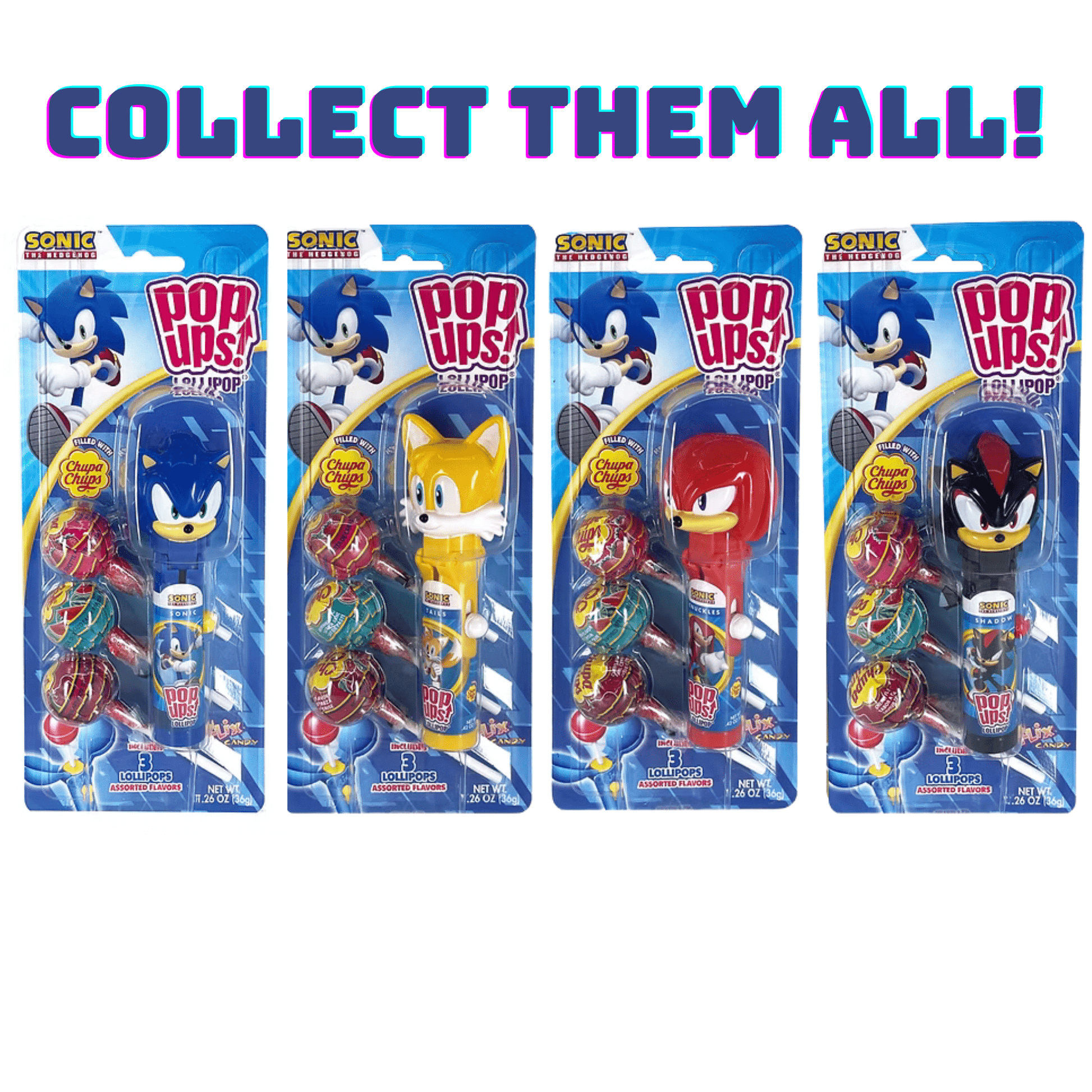 POP UPS! Sonic the Hedgehog Lollipop Holder 1.26 oz – Includes 3 Chupa Chups Refill - Tree Treasures