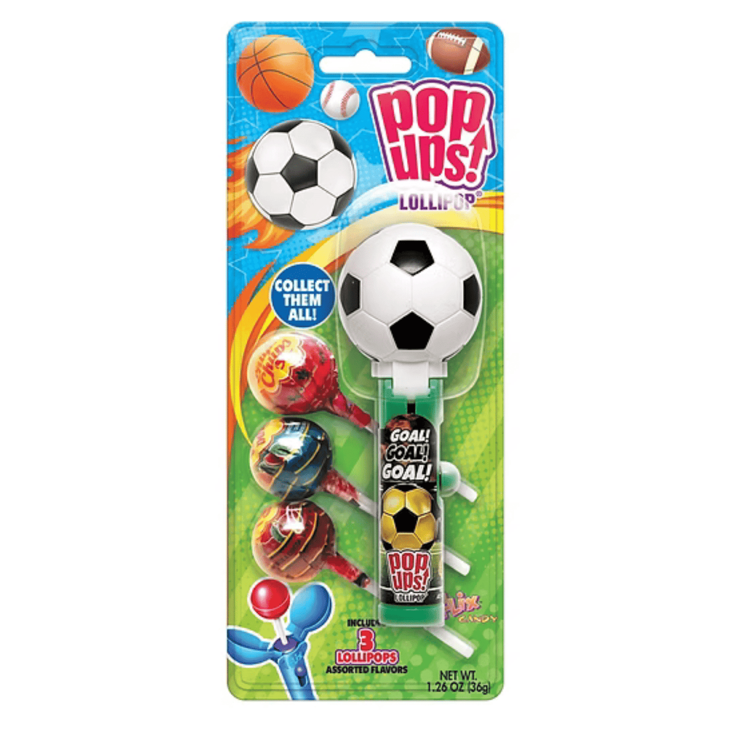POP UPS! Sports Balls Lollipop 1.26 oz – Includes 3 Chupa Chups Refill - Tree Treasures