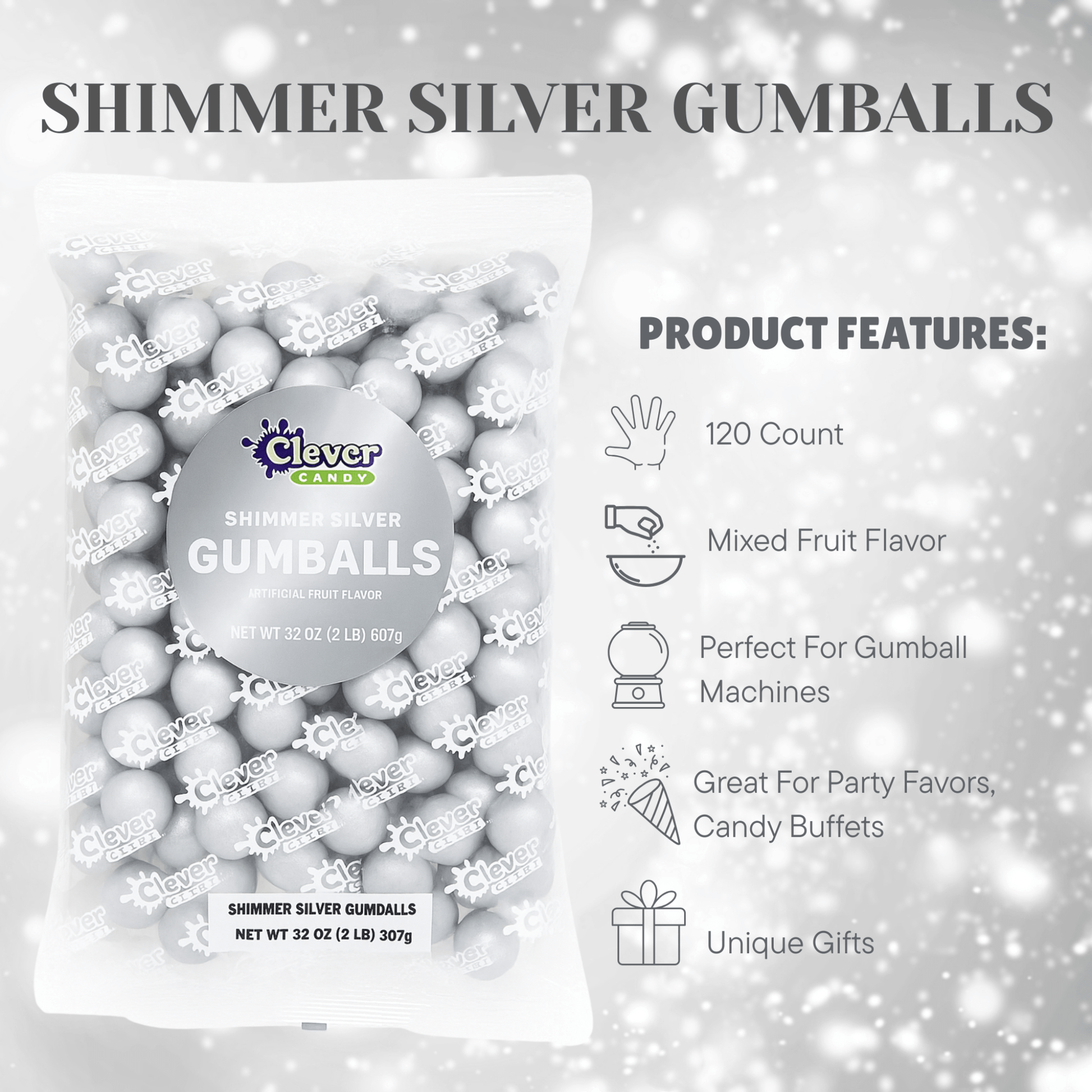 Silver Shimmer Gumballs 1 Inch – Bulk 120 Count – Mixed Fruit Flavor Bubble Gum Balls for Gumball Machine & Classy Party Buffets - Tree Treasures