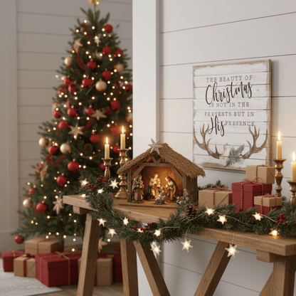 The Beauty of Christmas Rustic Wooden Wall Art – 14" x 14" Inspirational Holiday Décor - Tree Treasures