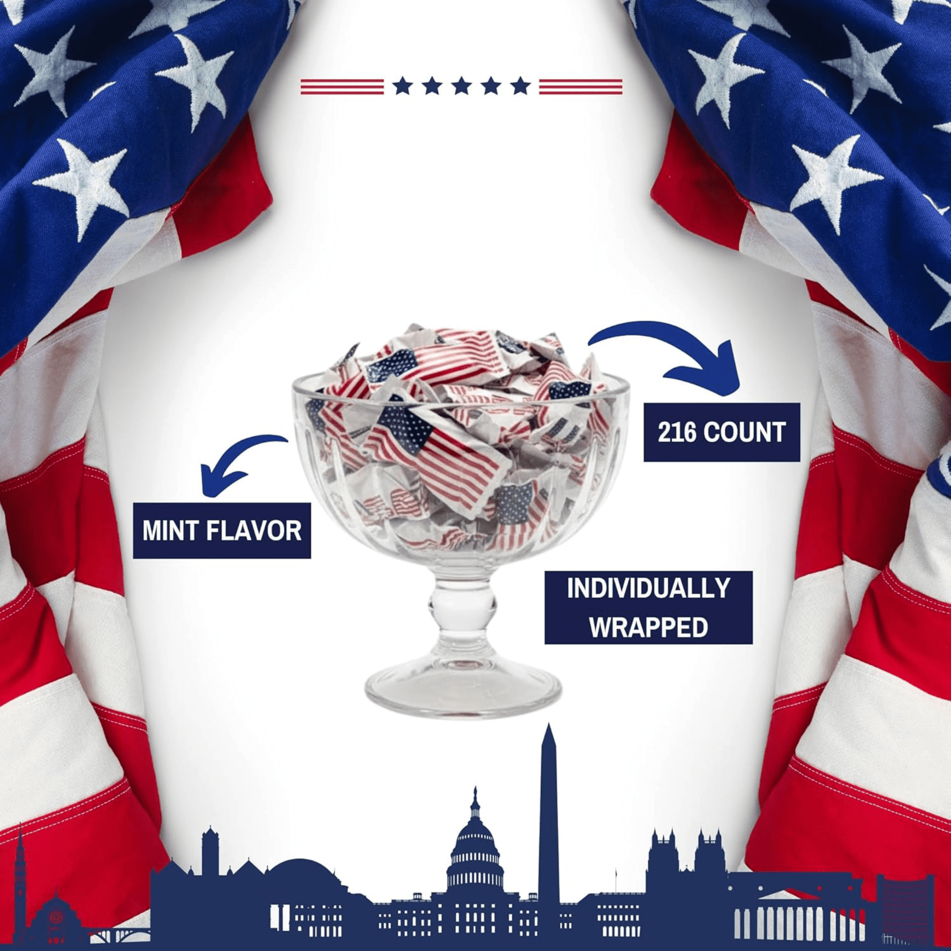 USA Flag Buttermints 216ct – Patriotic Candy for 4th of July, Memorial Day, Veterans Day, American Flag Candy, Red White and Blue Snacks, Buttermints Individually Wrapped in Bulk - Tree Treasures